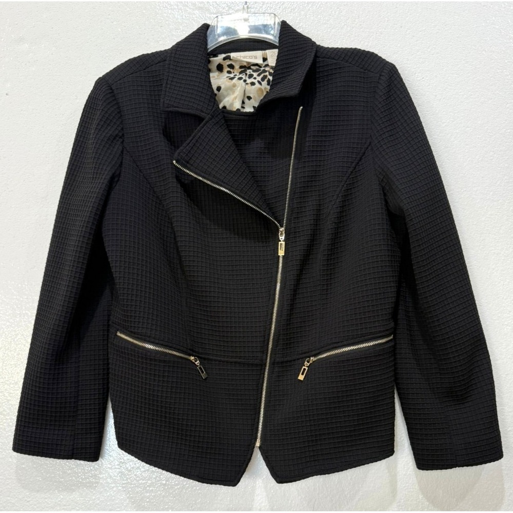 Chico's Size 2 / 12 Black Texture Leopard Lined Short Jacket Blazer Gold Zippers